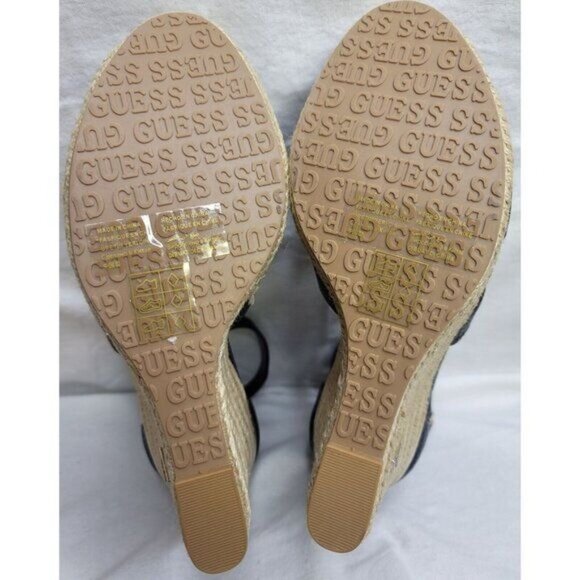 Guess Womens Black Espadrille-Style Wedge Sandals Raffia Sole Gold Logo Sz 10M - Picture 9 of 13